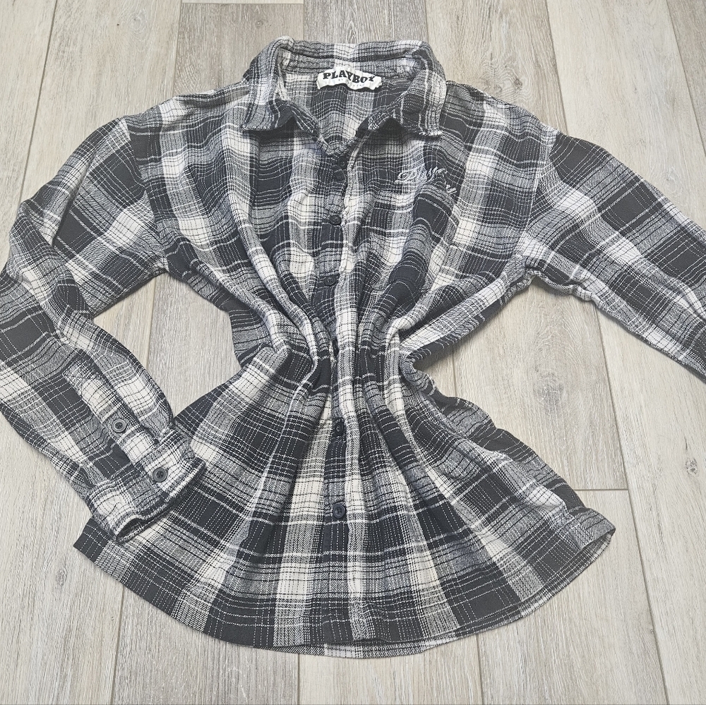 Playboy PacSun Plaid Flannel Button Up Shirt Black White Women's Small Retro Y2K